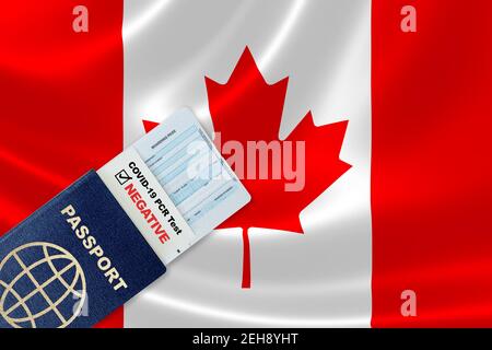 Travel passport, boarding pass and negative test result of COVID-19 PCR test for entry to Canada. Concept of new normal air or land border travel with Stock Photo