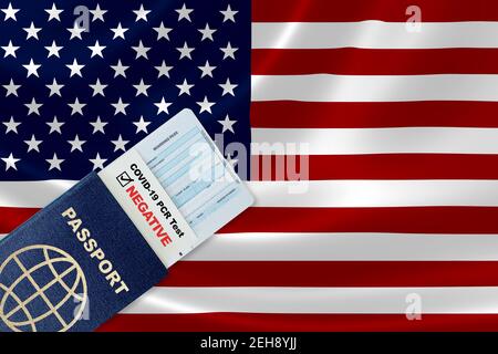 Travel passport, boarding pass and negative test result of COVID-19 PCR test for entry to US. Concept of new normal air or land border travel with pro Stock Photo