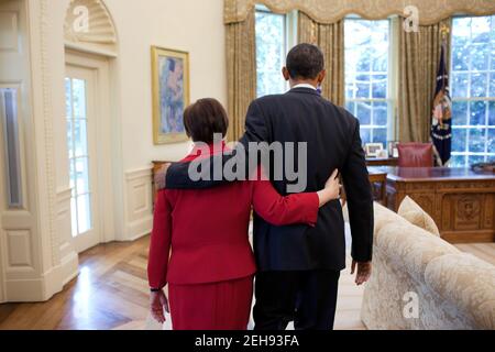 President Barack Obama greets newly confirmed Supreme Court Justice Elena Kagan in the Oval Office, Aug. 6, 2010. Stock Photo