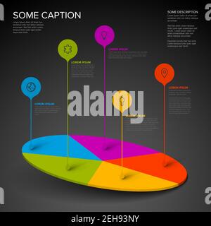 Vector multipurpose Infographic template made from droplet pointers on five blocks pie chart with icons, descriptions and legend, dark version Stock Vector