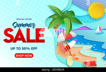 Summer sale vector banner template. Summer sale up to 50% off text with paper cut beach background and tropical season elements for seasonal shopping. Stock Vector