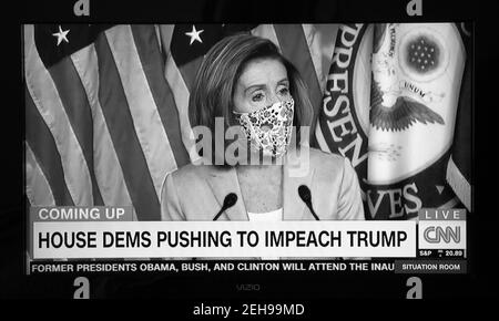 A CNN screenshot of House Speaker Nancy Pelosi speaking to reporters following the January 6, 2021, attack on the U.S. Capitol. Stock Photo