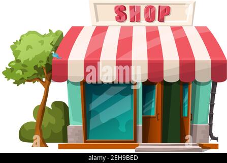 cartoon style of cafe front shop view. Isolated on white background with green tree and bushes. Stock Vector