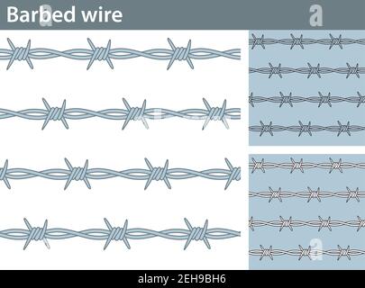 Three different versions of a seamless pattern with barbed wire: unfilled, with white and colored fill. Stock Vector