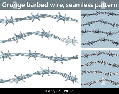 Three different versions of a seamless pattern with barbed wire: unfilled, with white and colored fill. Stock Vector