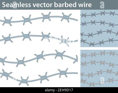 Three different versions of a seamless pattern with barbed wire: unfilled, with white and colored fill. Stock Vector