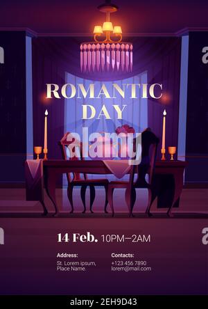 Valentines day flyer. Romantic dinner for couple on date or holiday celebration. Vector cartoon poster with dining table, chairs, candles, flowers and chandelier in empty restaurant room Stock Vector