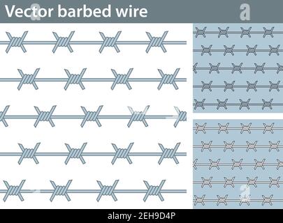Three different versions of a seamless pattern with barbed wire: unfilled, with white and colored fill. Stock Vector