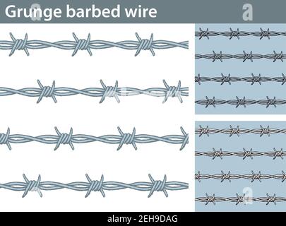 Three different versions of a seamless pattern with barbed wire: unfilled, with white and colored fill. Stock Vector