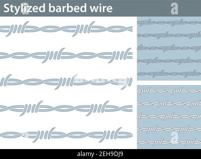 Three different versions of a seamless pattern with barbed wire: unfilled, with white and colored fill. Stock Vector