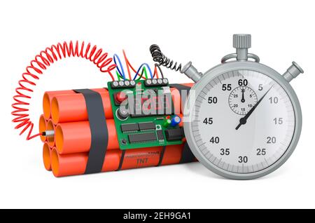 TNT bomb explosive with stopwatch. 3D rendering isolated on white background Stock Photo