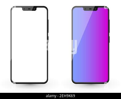 Two modern flat smartphone mockups. UI design template for illustrations. White screen and gradient color on white background with shadow and blink.. Stock Vector