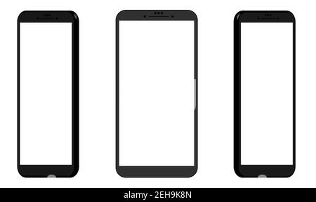 Three smartphone mockups in different 3d projections. Templates for UI design. Black on white background, white screens. Stock Vector