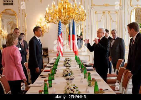 President Barack Obama is seen at a joint bilateral meeting with President Vaclav Klaus and Prime Minister Mirek Topolanek at Prague Castle, Prague, Czech Republic. Stock Photo