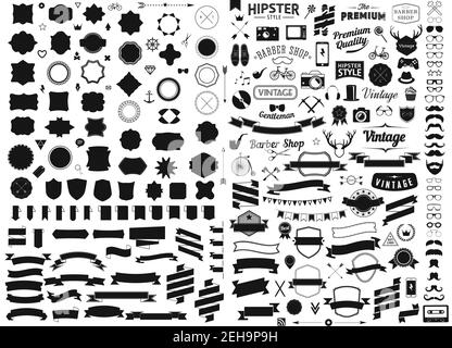 set of vintage styled design hipster icons Vector signs and symbols templates set of phone, gadgets, sunglasses, mustache, ribbons infographcs element Stock Vector