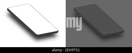 Two elegant 3d isometric smartphone mockups. Screen has no borders. UI design template for illustrations. Greyscale on white background. Stock Vector