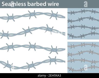 Three different versions of a seamless pattern with barbed wire: unfilled, with white and colored fill. Stock Vector