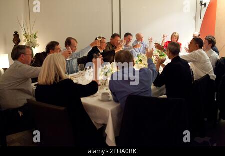 President Barack Obama joins a toast with Technology Business Leaders at a dinner in Woodside, California, Feb. 17, 2011. Stock Photo