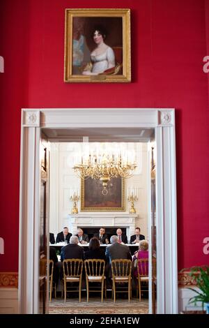 President Barack Obama, seen from the Red Room of the White House, meets with the Conference of Presidents of Major American Jewish Organizations in the State Dining Room, March 1, 2011. Stock Photo