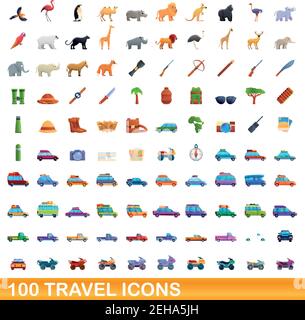 100 travel icons set. Cartoon illustration of 100 travel icons vector set isolated on white background Stock Vector