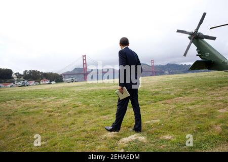 President Barack Obama looks at the Golden Gate Bridge after arriving at the Presidio in San Francisco, Calif., aboard Marine One, April 20, 2011. Stock Photo