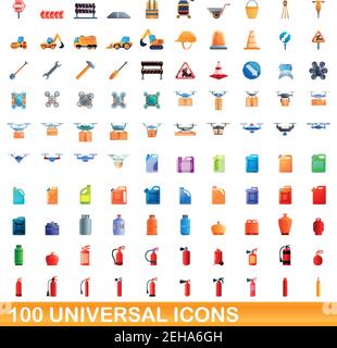 100 universal icons set. Cartoon illustration of 100 universal icons vector set isolated on white background Stock Vector