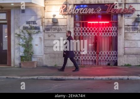 Rome, Italy - February 18, 2021: The actor Valerio Mastandrea on the film set of the new film by Paolo Genovese, entitled 'Put an evening to dinner' Stock Photo