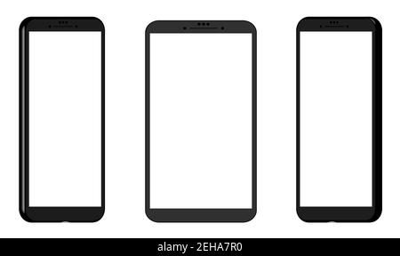 Three smartphone mockups in different 3d projections. Templates for UI design. Black on white background, white screens. Stock Vector