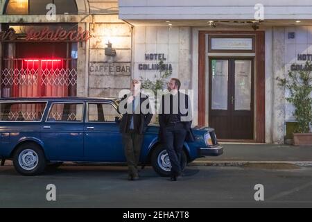 Rome, Italy - February 18, 2021: The actors Toni Servillo and Valerio Mastandrea on the film set of the new film by Paolo Genovese, entitled 'Put an evening to dinner' Stock Photo