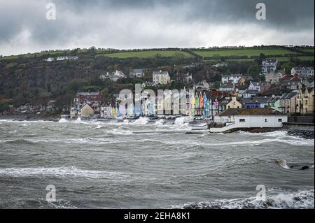 Winter storm hitting the seaside town of Whitehead in Northern Ireland Stock Photo