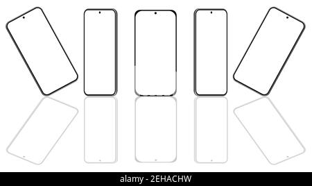 Five 3D Smartphone mockups in different angles, projections. UI modern design. Blank screen, black on white background. Stock Vector
