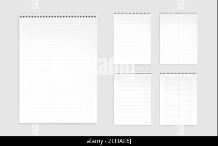 Notebook sheets, blank pages with lines, dots and checks. Memo pads, daily planner templates, notepad empty paper with binder spiral isolated on white background. Realistic 3d vector illustration, set Stock Vector