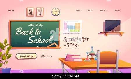 Back to school cartoon landing page with special promo sale offer. Empty classroom with chemistry studying stuff or textbooks on student desk and blackboard, vector web banner, price off advertisement Stock Vector