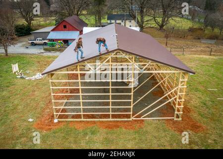 Pole Barn construction on farm in Harford County Maryland Stock Photo