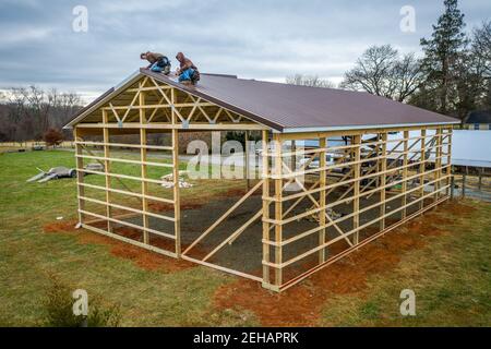 Pole Barn construction on farm in Harford County Maryland Stock Photo