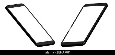 Two smartphone mockups in different 3d projections. Templates for UI design. Black on white background, white screens. Stock Vector
