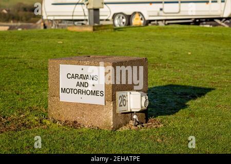 Caravan, motor homes and RV electrical power hook up plug on a site in Scotland Stock Photo