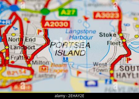 Portsea island, portsmouth and surrounding areas shown on a road map or Geography map Stock Photo