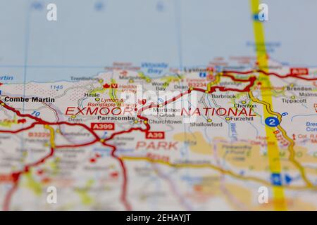 Exmoor national park and surrounding areas shown on a road map or Geography map Stock Photo