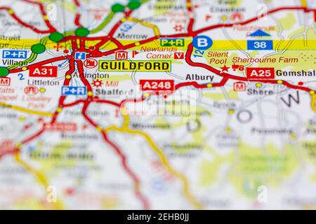 Guildford and surrounding areas shown on a road map or Geography map ...