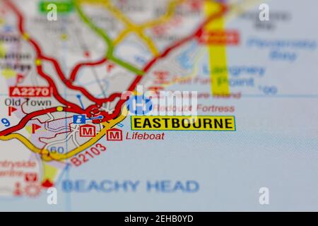 Eastbourne and surrounding areas shown on a road map or geography map ...