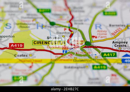 Cirencester and surrounding areas shown on a road map or Geography map ...