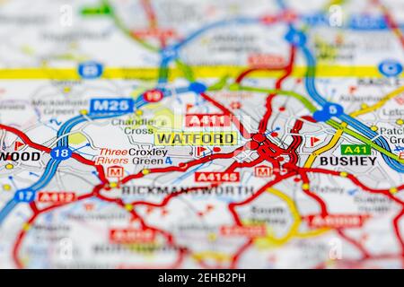 Watford and surrounding areas shown on a road map or geography map ...