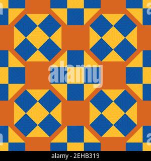 Moroccan geometric vector pattern background. Grid backdrop with orange cobalt blue stone terrazzo textured rhombus and squares. Modern Moorish block Stock Vector