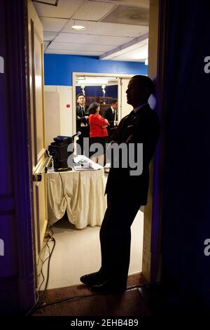 President Barack Obama waits backstage before delivering the keynote address at the the Asian Pacific American Institute for Congressional Studies 18th Annual Gala Dinner in Washington, D.C., May 8, 2012. Stock Photo