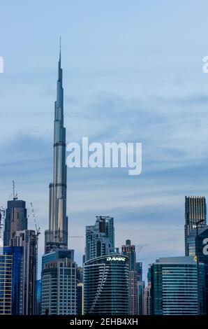 Dubai, UAE - 02.18.2021 Tallest building in the world, Burj Khalifa. Shot made from business bay district. Stock Photo