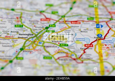 Burton on trent and surrounding areas shown on a road map or geography ...