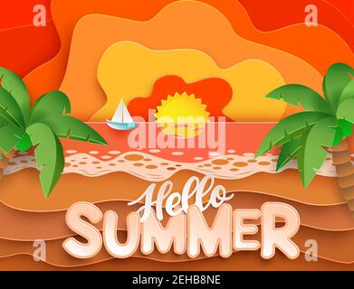 Hello summer vector banner design. Hello summer text in sunset beach paper cut background with palm tree and sailing boat element for tropical holiday. Stock Vector