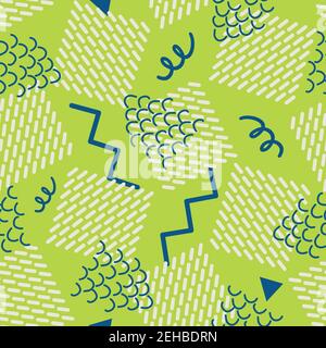 Memphis style beach party vector seamless pattern. Geometric shapes abstract background. Waffle style squares, zigzag and curly lines blue green Stock Vector
