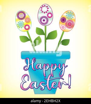 Happy Easter with Easter Eggs in Flower Pot Stock Photo